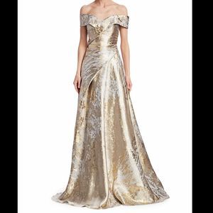 Rene Ruiz Collection Metallic Off-the-Shoulder Gown